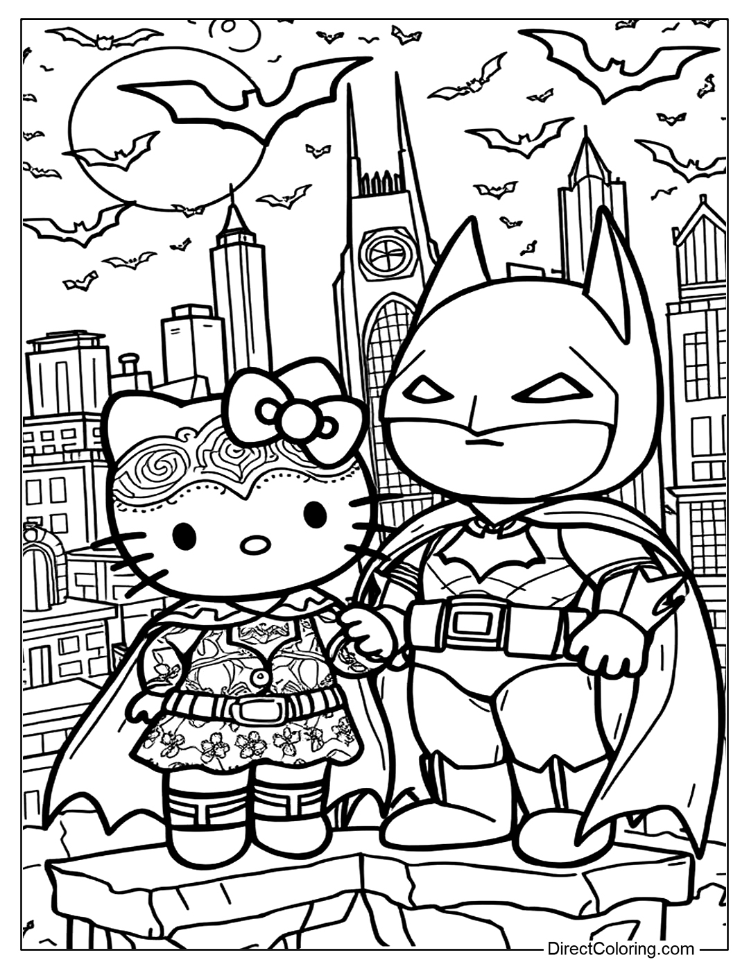 Hello Kitty and Batman Color Page